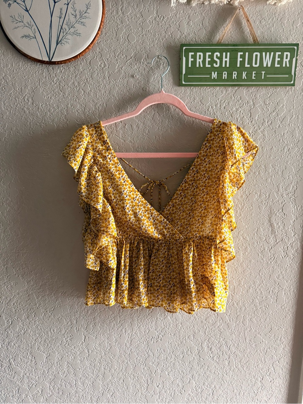 Women's Yellow Floral Ruffle Wrap Top